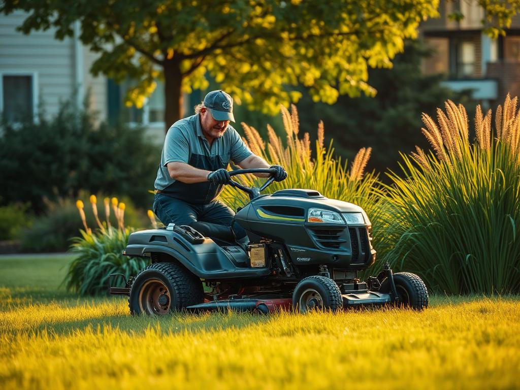 Landscaper mowing a yard